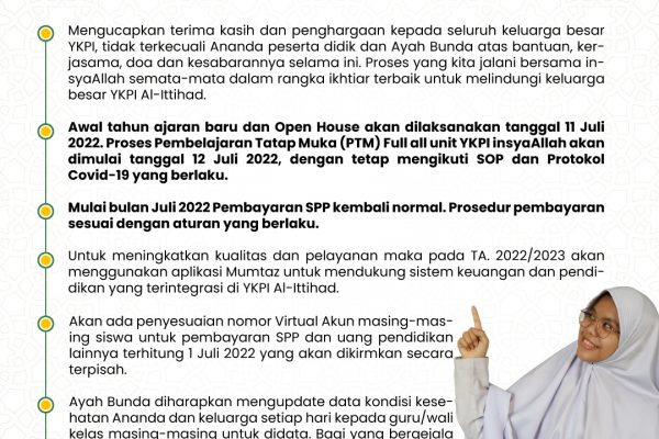 Informasi PTM dan Pembayaran SPP Normal untuk All Unit Sekolah YKPI Al-Ittihad TP 2022/2023